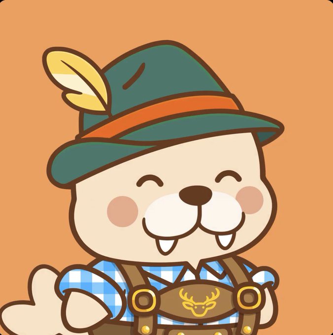 A cute cartoon illustration of a hamster wearing a green hat with a yellow feather and traditional Bavarian lederhosen with suspenders, set against an orange background.