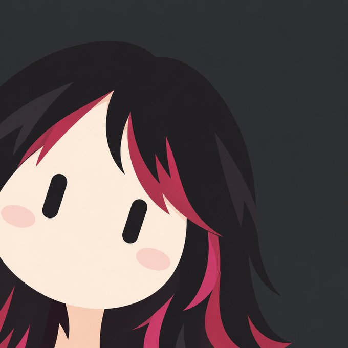 A simple cartoon avatar of a girl with long black hair featuring pink/red highlights, pink cheeks, and dot eyes against a dark gray background.