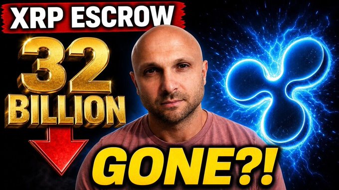 A thumbnail-style image showing a man beside glowing XRP logos and bold text reading "XRP ESCROW," "32 BILLION," and "GONE?!", promoting a video recap about a significant drop in the XRP escrow balance.