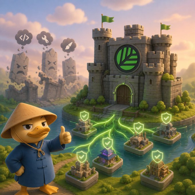 A 3D-rendered cartoon duck in a conical hat and blue robe gives a thumbs-up before a gray stone castle bearing a green emblem, surrounded by small floating fortress islands and defeated stone enemies.