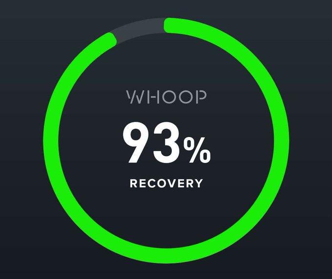 A WHOOP app interface displaying a 'RECOVERY' score of 93% in a green circular progress indicator on a dark background.