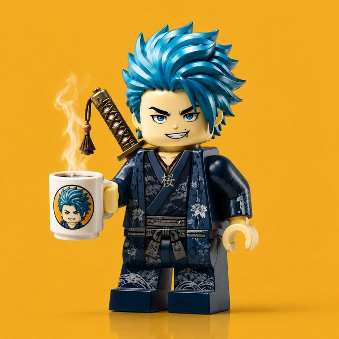 A 3D render of a custom LEGO minifigure with spiky blue hair, wearing a dark patterned kimono and carrying a katana, while holding a steaming mug with a matching character design on it.