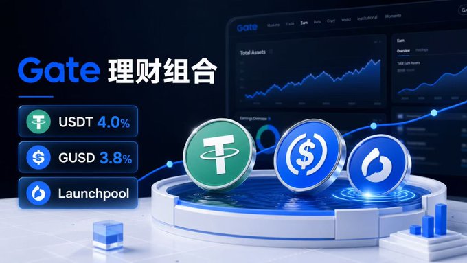A promotional graphic for 'Gate 理财组合' showing crypto investment options including USDT 4.0%, GUSD 3.8%, and a Launchpool, with crypto coin icons displayed on a platform against a trading dashboard background.