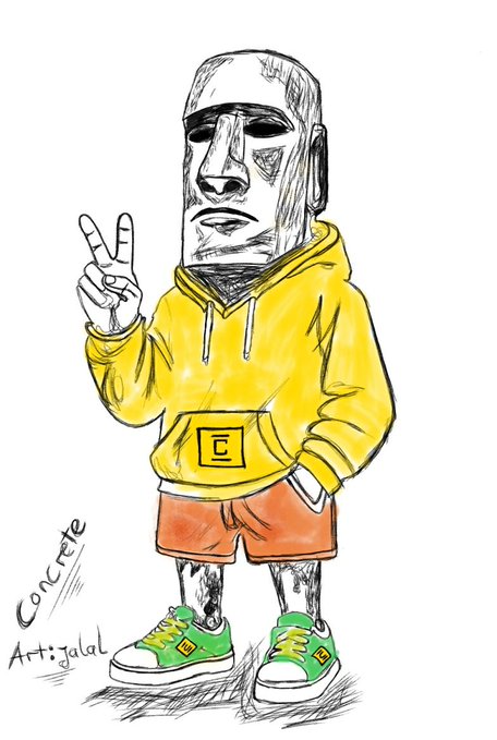 A hand-drawn illustration of a gray stone-styled character wearing a yellow hoodie, orange shorts, and green and white sneakers, making a peace sign, with the text 'Concrete Artigiani' signed on the side.