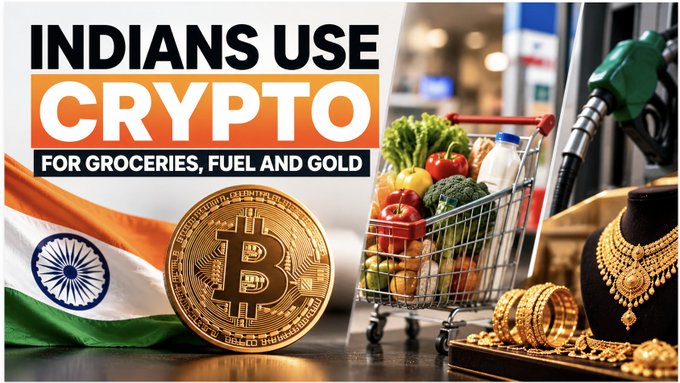 A graphic with the headline "INDIANS USE CRYPTO FOR GROCERIES, FUEL AND GOLD" showing a Bitcoin coin, the Indian flag, a shopping cart filled with groceries, a fuel pump, and gold jewelry.
