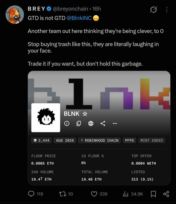 The image is a tweet from BREY (@breyonchain) criticizing the BLNK NFT collection on Robinhood Chain, showing a floor price of 0.0085 ETH with 19.47 ETH in 24H volume and listing a detailed disclaimer about the project. The tweet mocks the team for claiming a "GTD" (guaranteed) launch while the project's metrics suggest otherwise, aligning with the post's theme of accusing influencers of FUDing one over-allocated project to distract from another.
