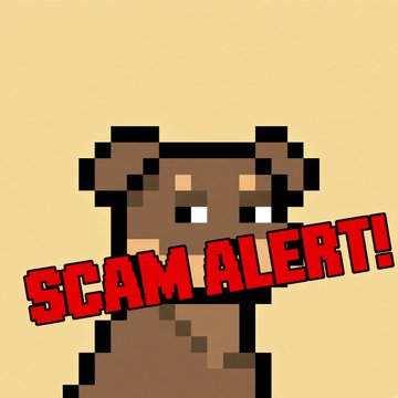 A pixel art image shows a brown bear-like character with a skeptical expression, overlaid with bold red text reading 'SCAM ALERT!'.
