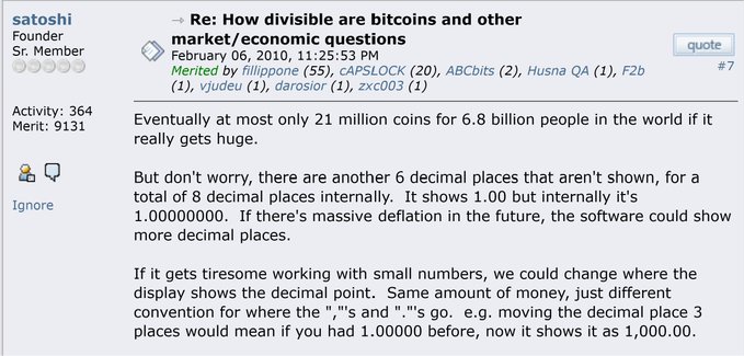 A screenshot of a forum post titled 'Re: How divisible are bitcoins and other market/economic questions' from user satoshi, posted February 06, 2010, explaining that bitcoin has 8 decimal places and can handle deflationary scenarios.