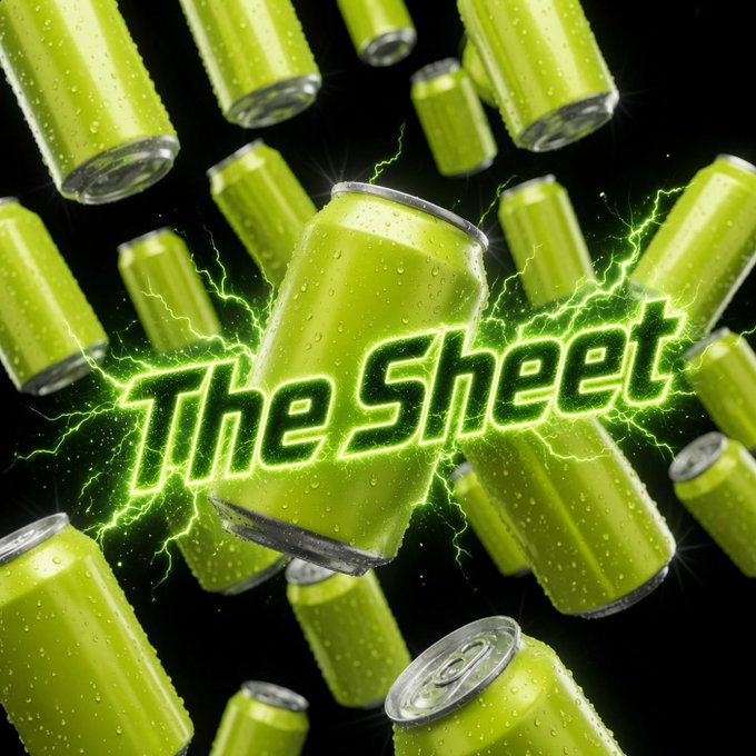 A stylized graphic with green energy drink cans floating against a black background with lightning effects, overlaid with the text 'The Sheet'.