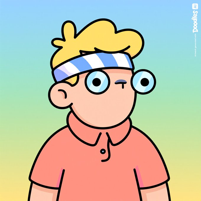 Cartoon drawing of a blonde character with glasses, a blue and white headband, and a pink polo shirt, branded with a 'Doodles' watermark.