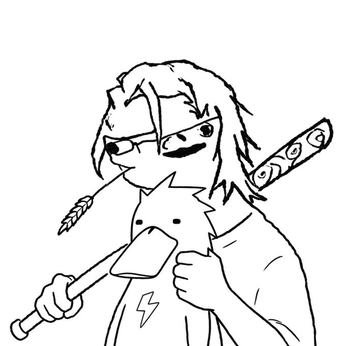 A black-and-white line drawing of an anime-style character with messy hair holding a large mallet and a katana sword strapped to their back.