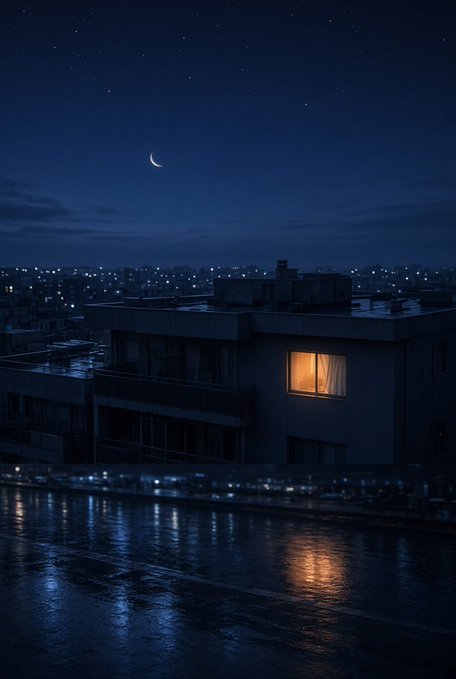 A nighttime cityscape shows a dark urban building with a single warmly lit window reflecting on a wet road below, under a starry sky with a crescent moon.