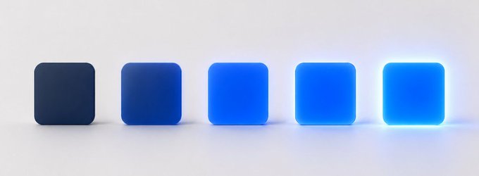 Five rounded squares are displayed in a row against a white background, transitioning from dark blue on the left to a glowing bright blue on the right.