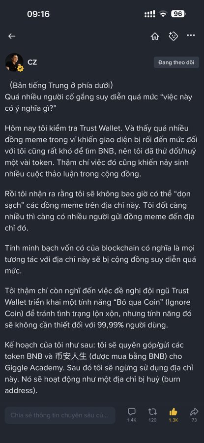 A screenshot of a social media post in Vietnamese by CZ discussing Trust Wallet and meme tokens on a personal address.