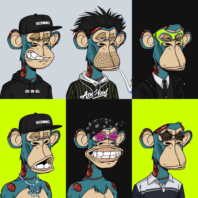 A grid of six cartoon illustrations depicting variations of a blue monkey-like character, labeled "BORING" with a "B" symbol, wearing different outfits and accessories like hats, glasses, and bandanas.