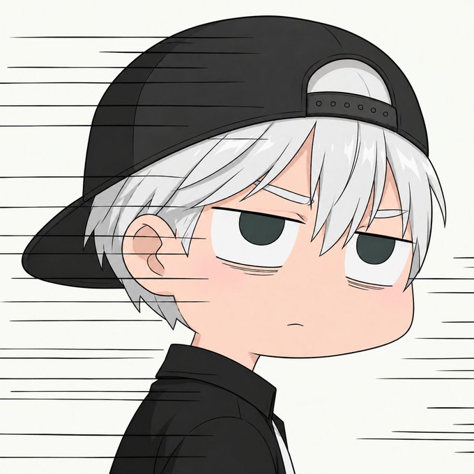 An anime-style chibi character with white hair, dark eyes, and a backwards black baseball cap stares with a flat, unamused expression against a white background with horizontal speed lines.