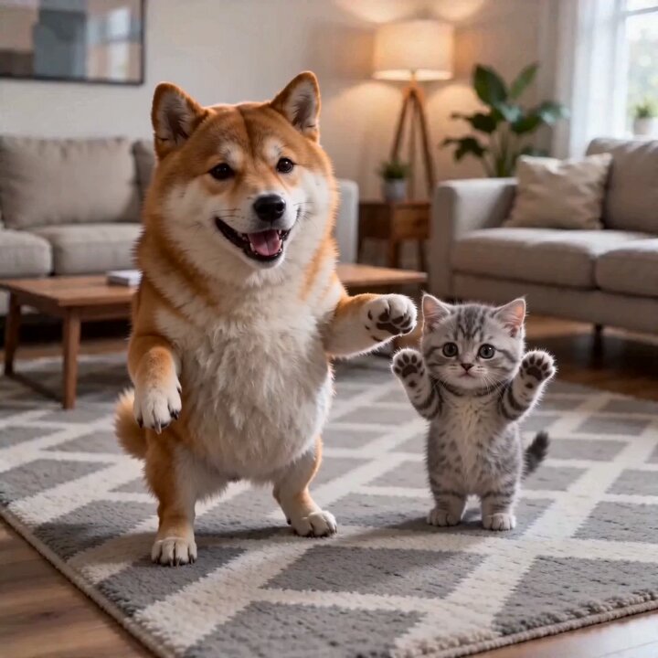 The image features a small kitten standing on its hind legs, playfully interacting with a large brown dog that appears to be dancing around the kitten. The scene takes place in a living room setting, with a couch visible in the background. A potted plant can also be seen nearby. The caption of the image reads "Me after buying some Shiba and Cat Inu. Now waiting for the next 100000x".