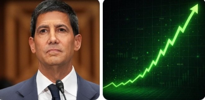 A man in a dark suit stands beside a green upward-trending stock chart, visually representing the bullish liquidity signal and rising risk asset momentum referenced in the post.
