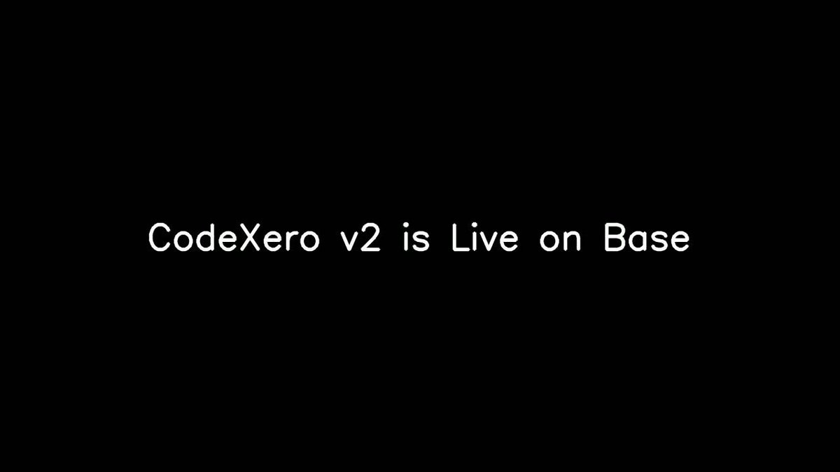 The image shows a black background with white text that reads "CodeXero v2 is Live on Base" at the top of the frame. Below this, there are two lines of text that read "Just explored CodeXero v2 on Base", indicating that someone has recently started using CodeXero to develop and deploy decentralized applications. The image does not contain any other objects or actions, so it focuses solely on the content displayed in the image.