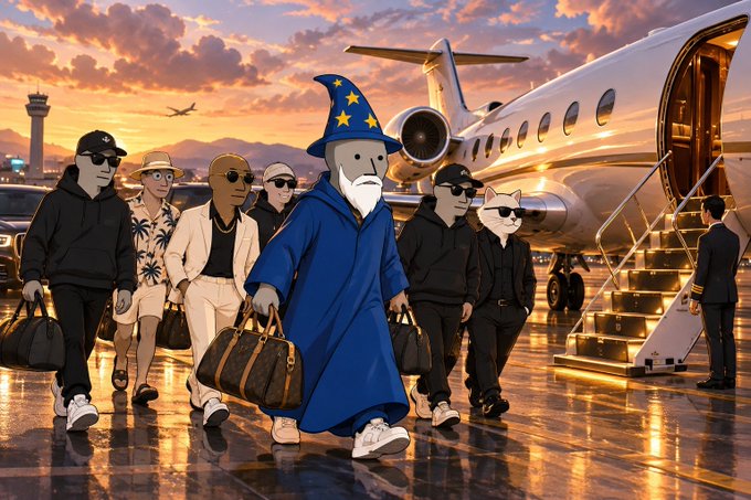 A wizard in a blue robe and star-decorated hat leads a group of masked companions and a Shiba Inu dog across a private jet tarmac at sunset, all dressed in stylish streetwear. The image evokes the post's theme of early ZEC buyers arriving in luxury, celebrating their gains with "Uncle Wizz."