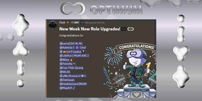 A Discord announcement from 'flask' (GRIT) celebrating new role upgrades, listing congratulations to users including @Adetola, @Lord Law, @Likith.k, @silvy, @Totosha, @Cao Thân Quang, @We.Jin, @Mr.Muntazir, @Dastaaan, @Hodewlizard, and @May821, with an 'OPTIMUM' logo and the GRIT 4:09 SA timestamp.