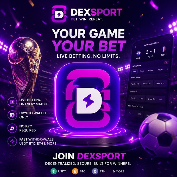 A purple promotional banner for 'DEXSPORT' advertises 'YOUR GAME YOUR BET' and 'LIVE BETTING. NO LIMITS,' featuring a World Cup trophy, a phone showing Argentina vs France odds, and a soccer ball.