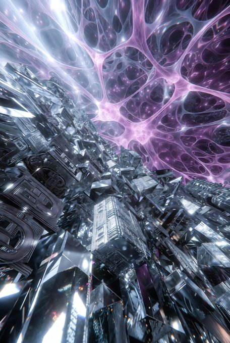 A futuristic cityscape features angular metallic skyscrapers reaching upward beneath a web-like, cellular purple cosmic structure glowing with light.