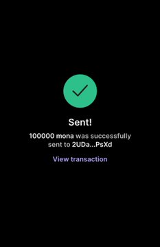 The image confirms a successful transfer of 1,000,000 $MONA to "2UDa...PsXd." It serves as proof of funds to support the post's claim of an airdrop offering 500,000 $MONA per wallet, lending credibility to the "SolanaAirdrop" giveaway.