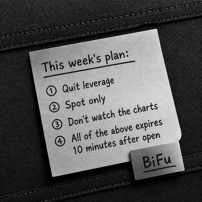 A handwritten weekly plan note on metal surfaces reads: 'This week's plan: 1) Quit leverage, 2) Spot only, 3) Don't watch the charts, 4) All of the above expires 10 minutes after open,' attributed to 'BiFu'.
