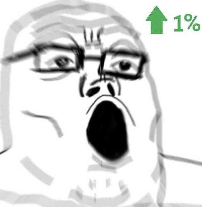 A crudely drawn black-and-white rage comic face with a wide-open scream is paired with a green upward arrow labeled '1%'.