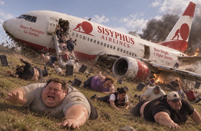A dramatic, satirical image shows a crashed "Sisyphus Airlines" plane with overweight passengers sprawled on the ground, displaying slogans like "Heavy Passengers Go Further," "More Weight. A Higher Journey," and the company's iconic figure pushing a boulder logo—visually capturing the concept of "capitulation" as weary travelers finally surrender to the endless, futile struggle of their journey.