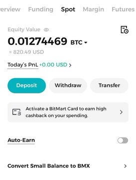 A screenshot of a BitMart Exchange Spot account showing an equity value of 0.01274469 BTC (≈820.49 USD) with a +0.00 USD PnL, alongside Deposit, Withdraw, and Transfer options—reflecting the user's holdings as they await a delayed $30 BTC withdrawal.
