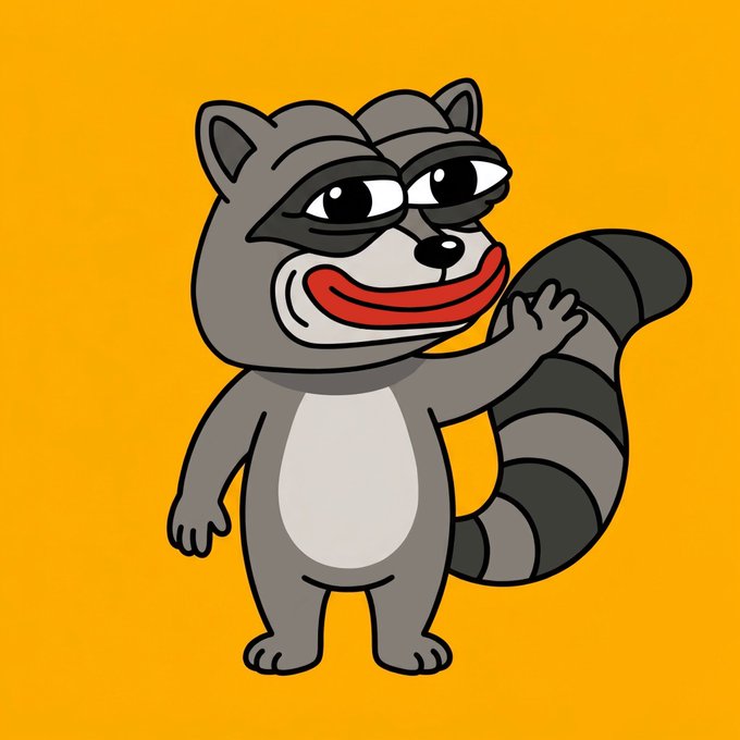 A cartoon raccoon character with a red smile stands on an orange background, holding its striped tail.