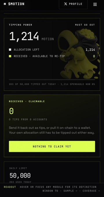 A $MOTION app interface showing 'TIPPING POWER 1,214 MOTION', a daily limit of 50,000, and 'NOTHING TO CLAIM YET' with a surreal melting face graphic.