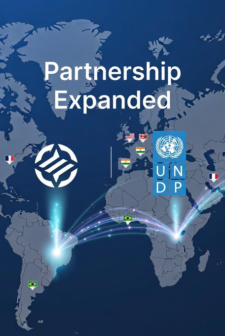 An infographic titled 'Partnership Expanded' showing a world map with connection lines between the US, Brazil, India, and other countries, featuring a logo and the UNDP (United Nations Development Programme) emblem.