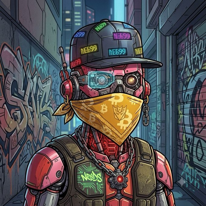 A cyberpunk-styled robotic figure stands in a graffiti-covered alley, wearing a baseball cap displaying crypto prices (BTC, ETH) and a yellow bandana mask adorned with Bitcoin logos, fitting the "gm" (good morning) crypto/NFT community vibe with its futuristic, street-art aesthetic. The helmet features a glowing visor and the chest displays a "NFTs" patch with circuit board designs, directly tying into the post's nod to the NFT space.
