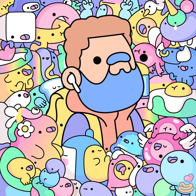 A cartoon character with a blue beard and curly hair holds an earpick, surrounded by a colorful crowd of cute kawaii-style creatures and characters. The playful, whimsical artwork complements the cheerful "gm to everyone who's bullish on nfts" message, evoking a fun and optimistic community vibe.