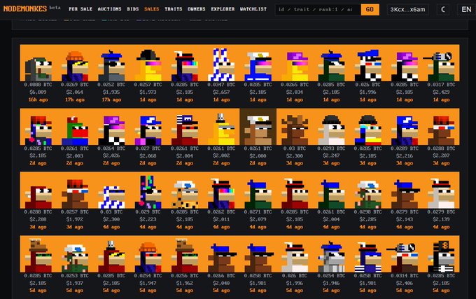 A screenshot from Nodemonex beta showing pixel art characters for sale in BTC, including references to x6am and various CryptoPunk-style attributes like hats and glasses.