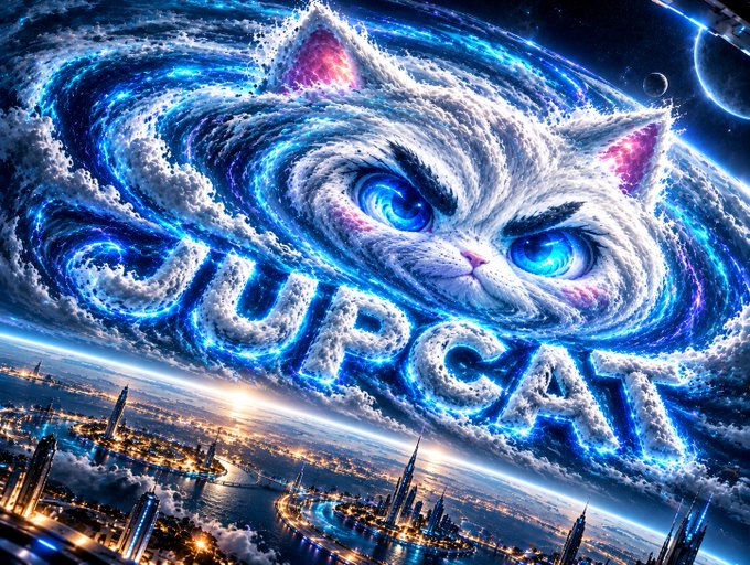 A digital artwork features a white cat with striking blue eyes and pink-tipped ears emerging from swirling blue cosmic clouds, with the word "YUPGAI" displayed in glowing blue letters above a futuristic city skyline at twilight.