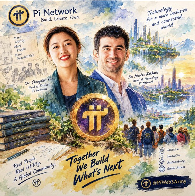 Promotional illustration for Pi Network featuring watercolor-style portraits of Dr. Chengdiao Fan (Head of Product) and Dr. Nicolas Kokkalis (Head of Technology), with text 'Build. Create. Own.', 'Technology for a more inclusive and connected world', 'Real People. Real Utility. A Global Community.', 'Together We Build What's Next', and handle '@PiWeb3Army'.