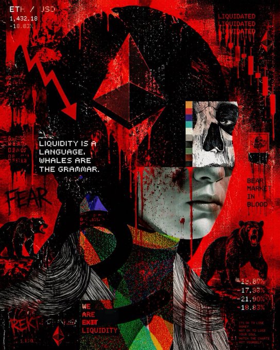 The image features a poster or painting of a person's face with a skull design, surrounded by various elements such as a bear, a rainbow, and text related to Ethereum. The background color of the artwork is red, which could be interpreted as a symbol for the cryptocurrency Ethereum. The caption "On days when Ethereum is fully red, I connect more with the red @R3ORDR vibe Show me your red R333" suggests that the artist might have been inspired by the Ethereum blockchain or the concept of connecting to the Ethereum network on such occasions.