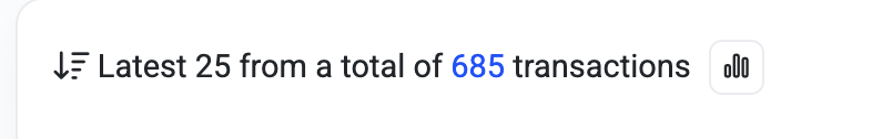 A UI element displaying "Latest 25 from a total of 685 transactions" with a chart icon.