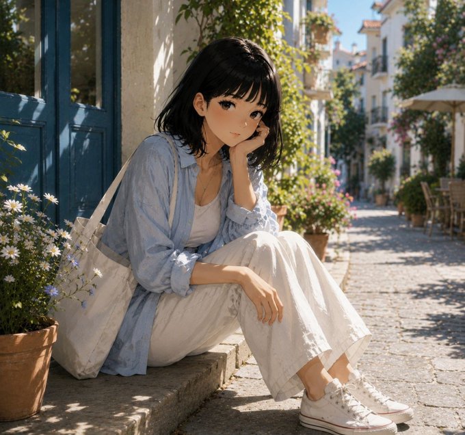 An anime-style illustration of a young woman with short black hair sitting on a cobblestone street in a sunny town, wearing a blue shirt and white pants.