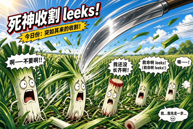An anime/manga-style illustration titled "死神收割 leeks!" (Death God Harvests Leeks) depicts a giant scythe cutting down anthropomorphized leeks with terrified expressions, accompanied by Chinese speech bubbles showing their panic.