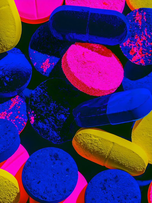 A close-up, high-contrast photograph of various colorful pills and capsules—including blue, pink, and yellow tablets—rendered in vivid, almost neon colors.