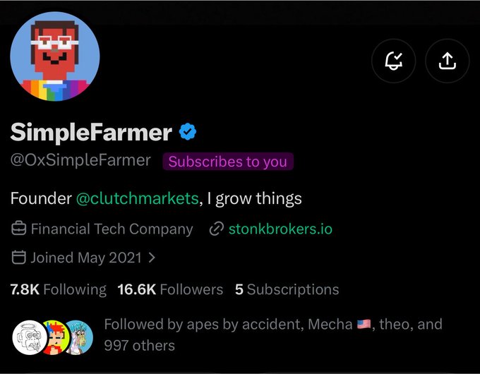 The image shows a Twitter profile for "SimpleFarmer" (@0xSimpleFarmer), founder of @clutchmarkets, with 16.6K followers and a verified badge. The post "$DERP" aligns with the profile's playful, meme-inspired crypto/DeFi branding, fitting the username and pixel art avatar aesthetic.