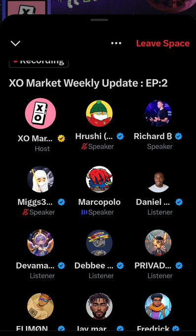 A Twitter/X Space interface for 'XO Market Weekly Update : EP:2' showing a list of participants including Host 'XO Mar...', Speakers 'Hrushi', 'Richard B', 'Miggs3', 'Marcopolo', and various listeners.