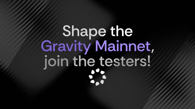 A dark promotional graphic announces "Shape the Gravity Mainnet, join the testers!" in white and purple text. The stylized design complements the post's message about redeploying Gravity smart contracts on testnet, inviting the community to participate in testing ahead of the Cardano mainnet launch.