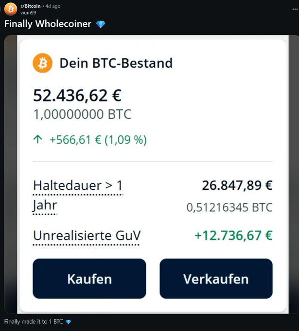 A Reddit screenshot from r/Bitcoin titled 'Finally Wholecoiner' showing a BTC balance of 1.00000000 BTC valued at 52,436.62 €.