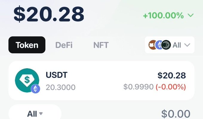 A cryptocurrency portfolio screen showing a balance of $20.28 with a +100.00% increase, featuring USDT holdings at $20.28.